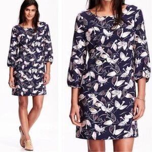 Old Navy Bird Dove Print Shift Dress Navy Rayon Sz. M
